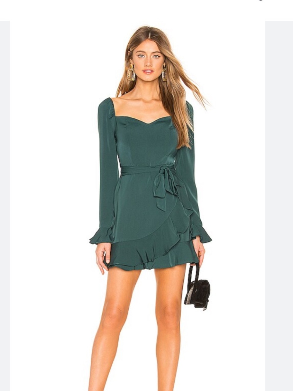 REVOLVE - FIRM price. Khloe Ruffle Wrap Mini Dress in Emerald Green